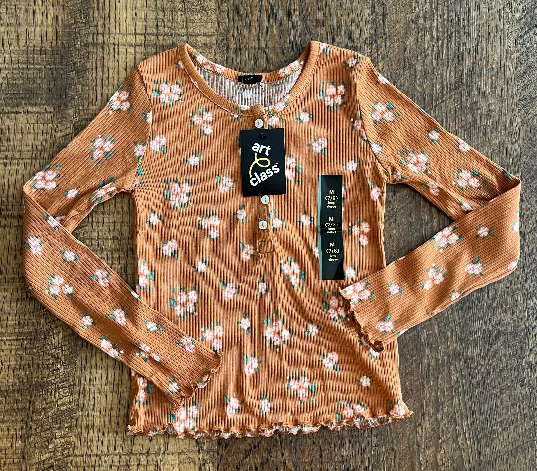 Long Sleeve 3/4 Button Up Burnt Orange Floral Girls Shirt