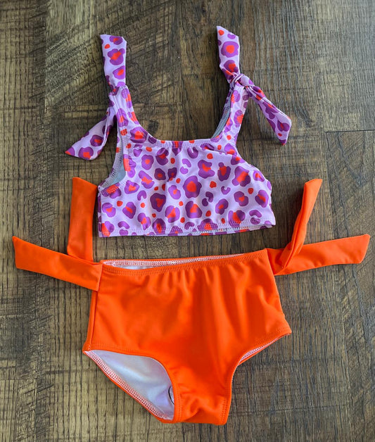 Toddler 2T Orange and Purple Cheetah 2 Piece Bathing Suit