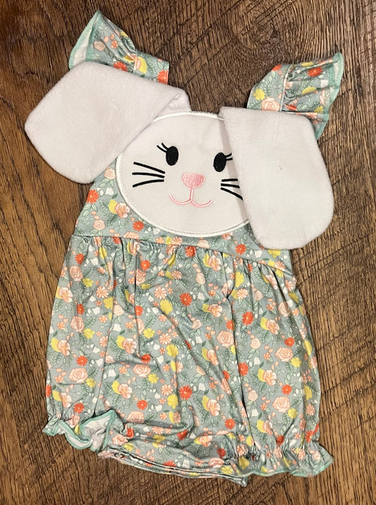 Green Easter Floral Print Bunny Applique Girl Bubble in Size 3 Month