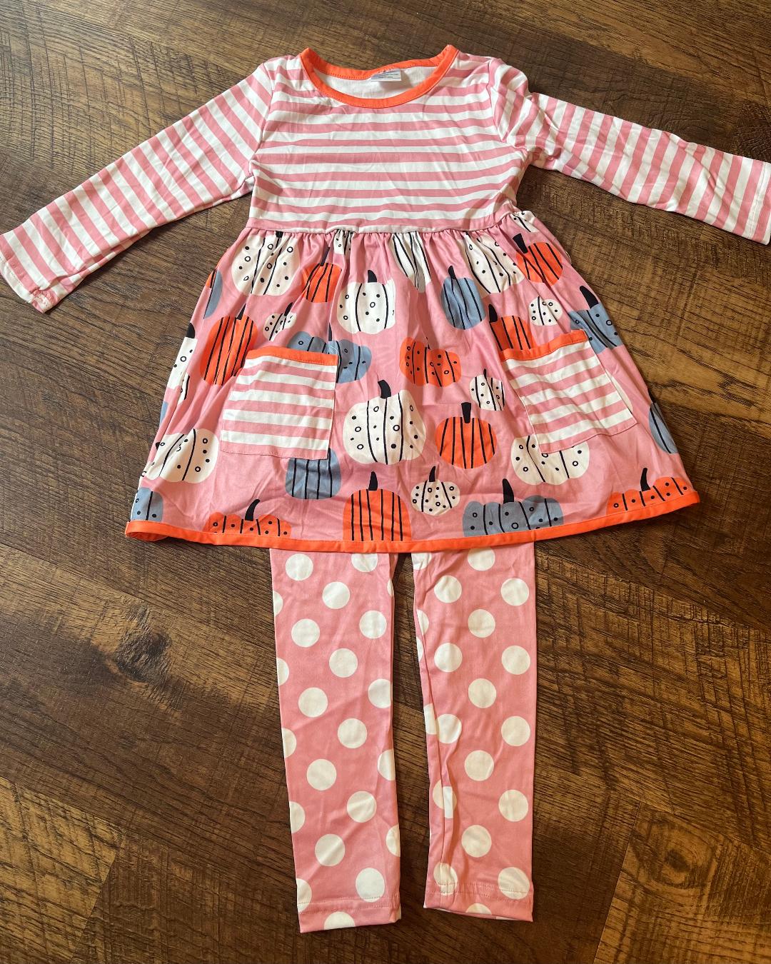 Stripes and Polka Dot Pumpkin 2 Piece Legging Outfit in a size 4T