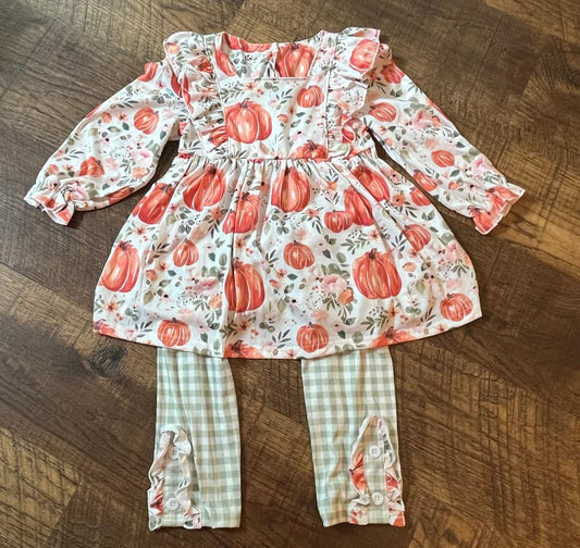 2 Piece Pumpkin Set with Light Green Gingham Leggings in a Size 4T