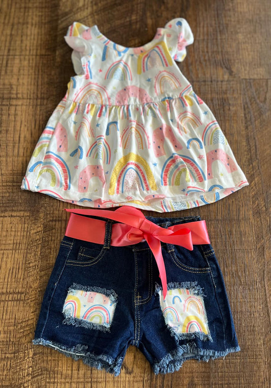 Denim Shorts Outfit with sleeveless baby doll rainbow-stars shirt