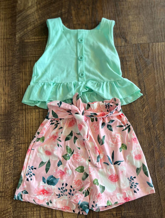 Pink Floral Shorts Set with Mint Sleeveless Shirt