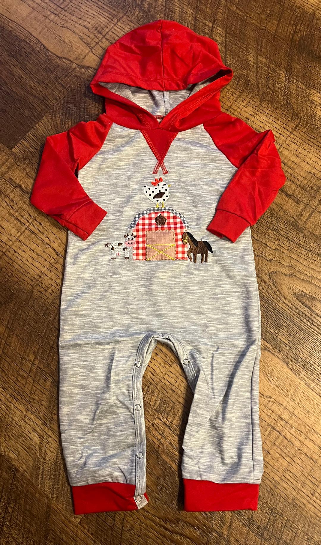 Hooded Farm Life Long Sleeve Infant One Piece Outfit Size 6-12 Month