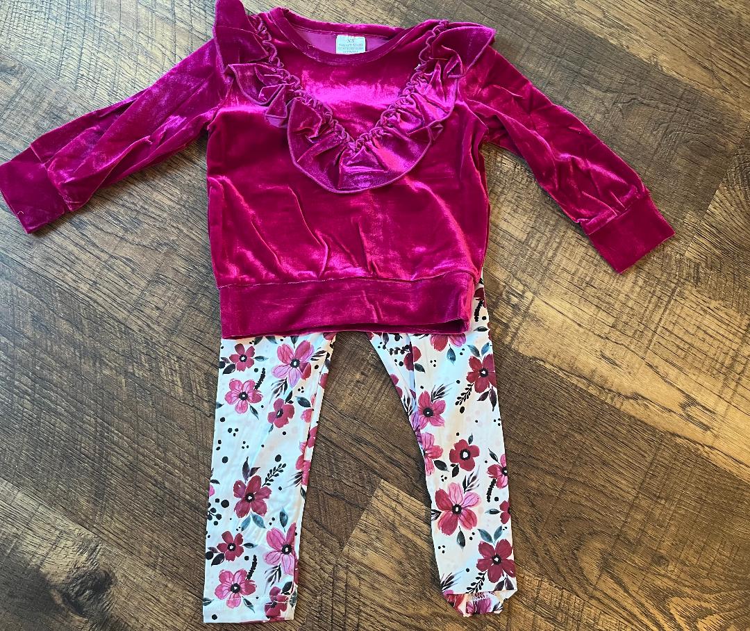 Burgundy Velour Top with Flower Leggings in a Size 2T