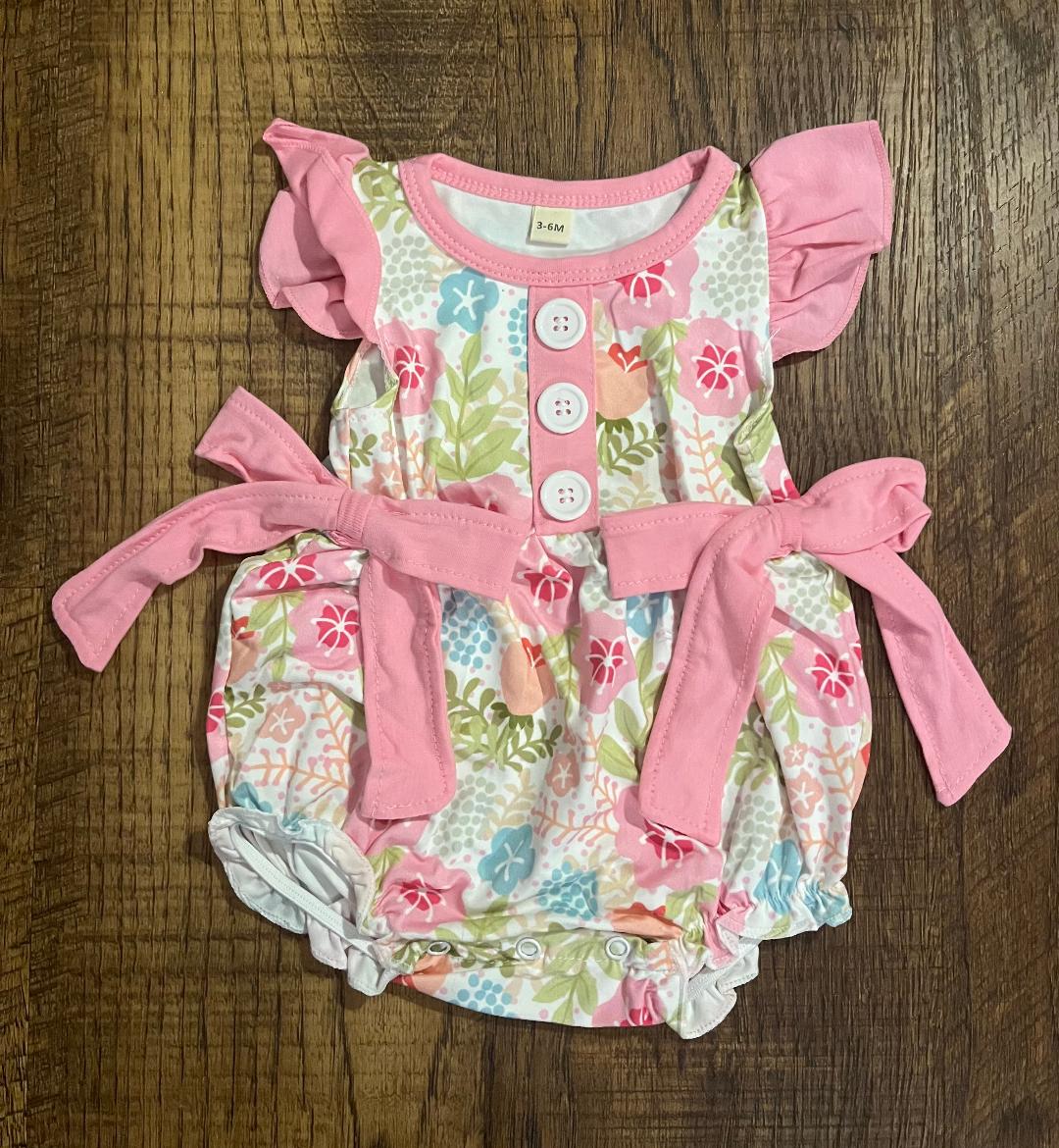 Pink Floral Print Ruffle Buttons Romper