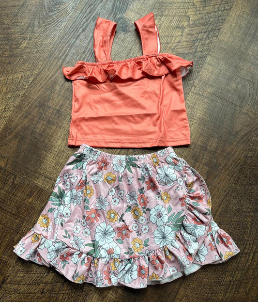 Floral Peach/Pink 2 Piece Skirt and Tank Outfit Size 3T