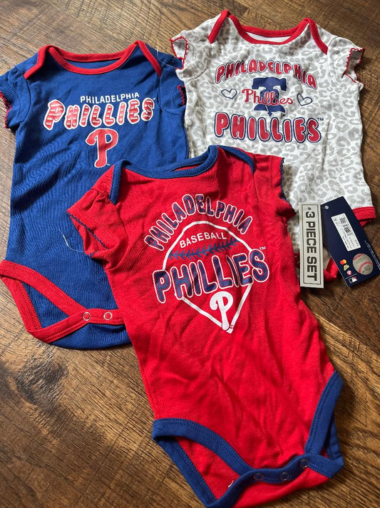 3 Piece Phillies Onesie Set in a size 3-6 month.