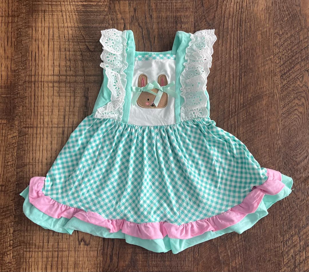 Bunny Green Checked Dress With Pink/Green Ruffle