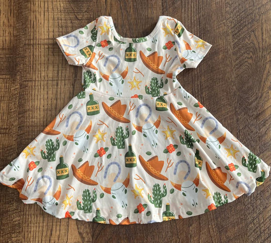 Short Sleeve Western Print Cactus and Cowboy Hat Dress