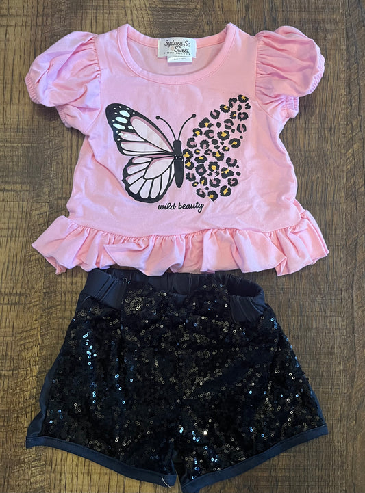 2 Piece Short Sleeve Butterfly Shorts Outfit