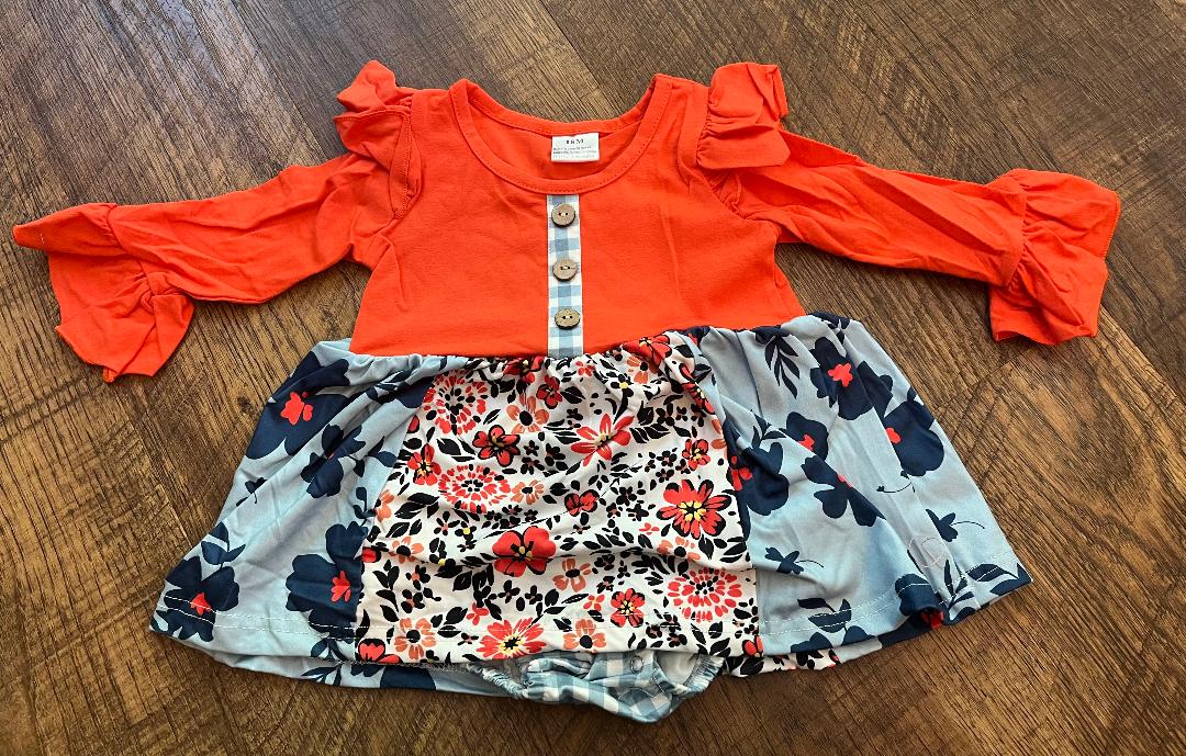 Orange Floral Print Ruffle Baby Romper in a size 12 Months