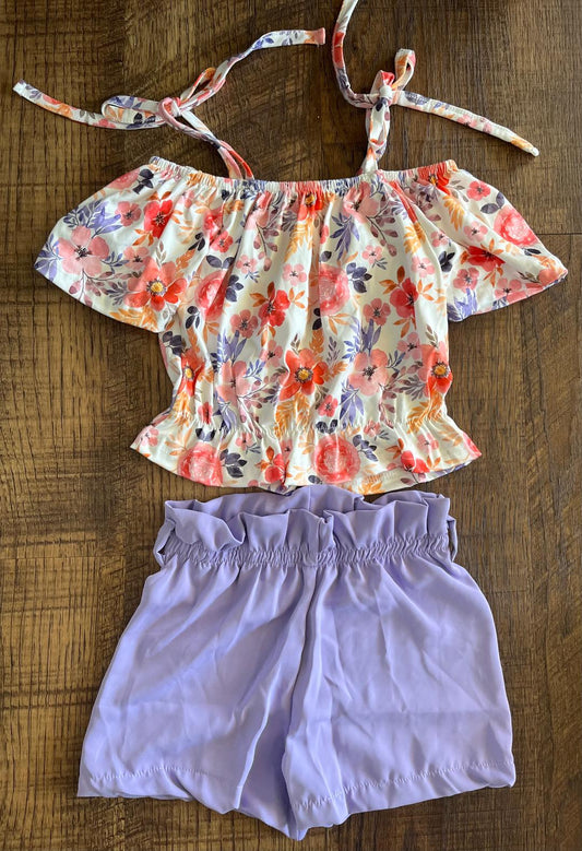 2 Piece 2T Short Set with Silky Purple Shorts and Floral Short Sleeve Shirt