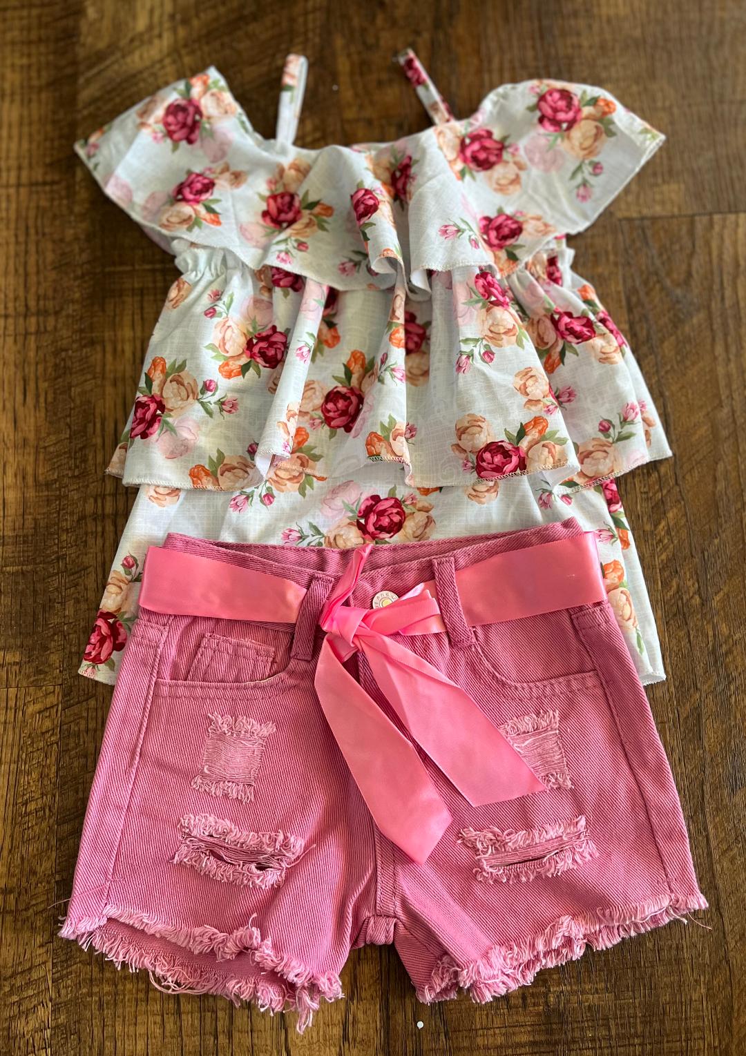 Pink Denim Shorts with Floral Ruffle Shirt